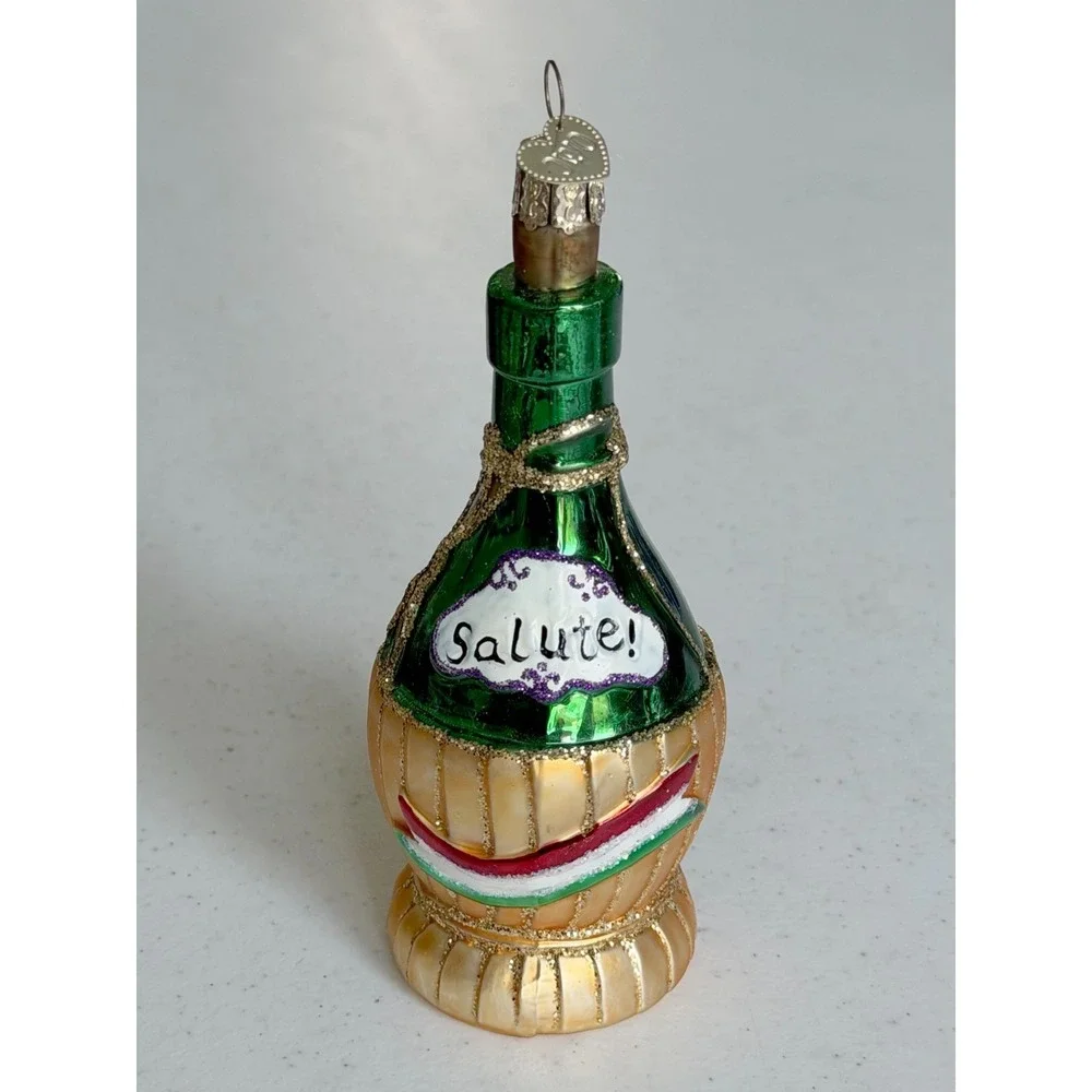 Old World Christmas Chianti Wine Bottle & Italy Flag Blown Glass Set2 Ornaments